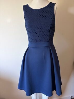 dina be Navy Laser-Cut Fit & Flare Mini Dress